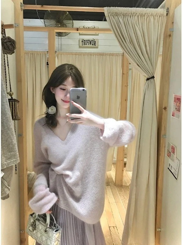 

Новый женский вязаный свитер Laid-ba Sle: повседневный, с длинным рукавом, V-образным вырезом, розовый, мягкий, уютный, свободного кроя, весенняя коллекция