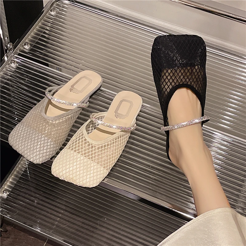 Flat Sandals Fashion Square Toe Mesh Breathable Rhinestone Slip Anti-Slip Wear-Resistant Slippers