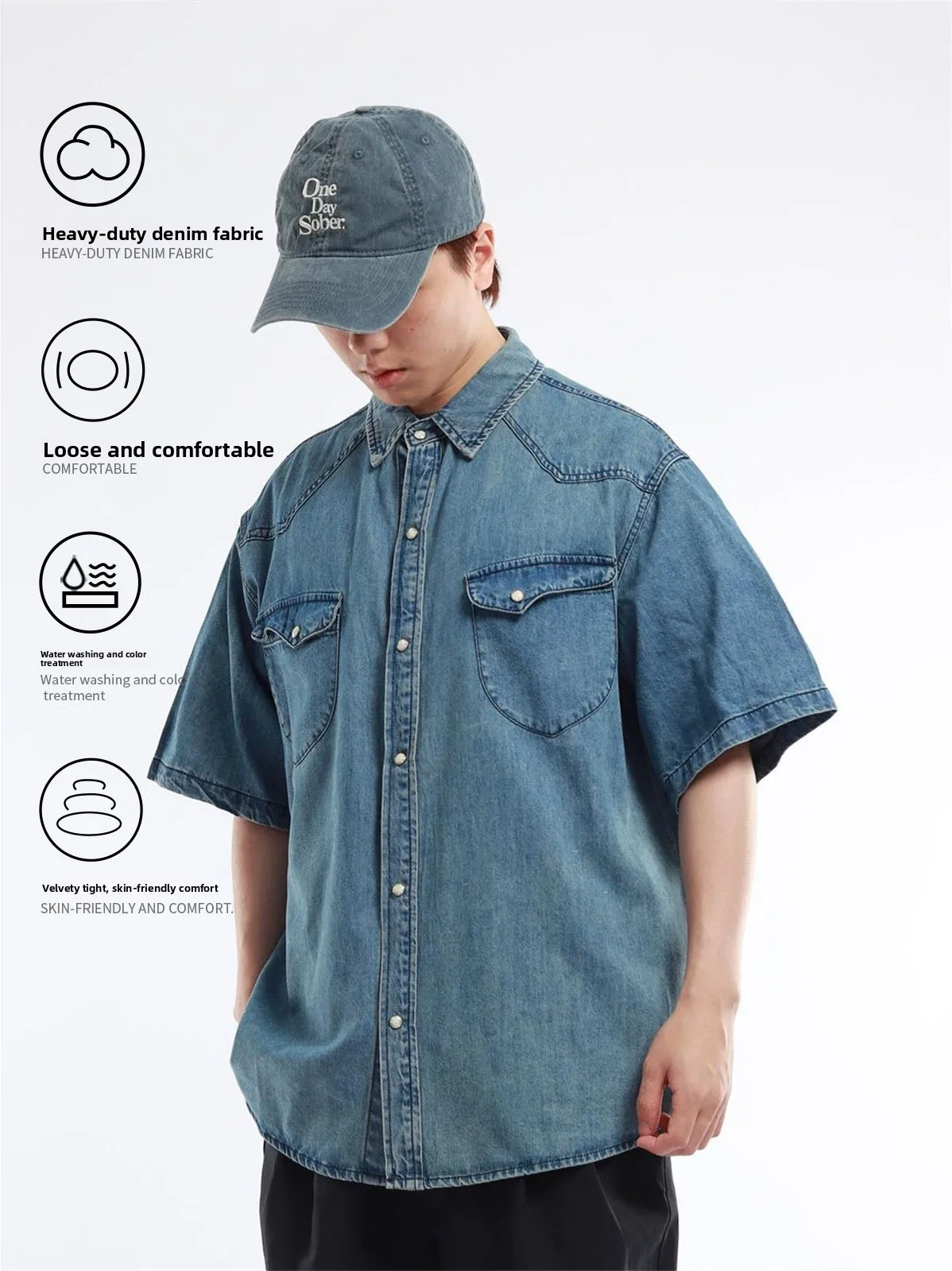 Retro Denim Shirt Pearl Button Washed Short Sleeve Cotton Open Cardigan Collar Men's Shirt BSAPA Summer 2026 Loose Fit Pocket...