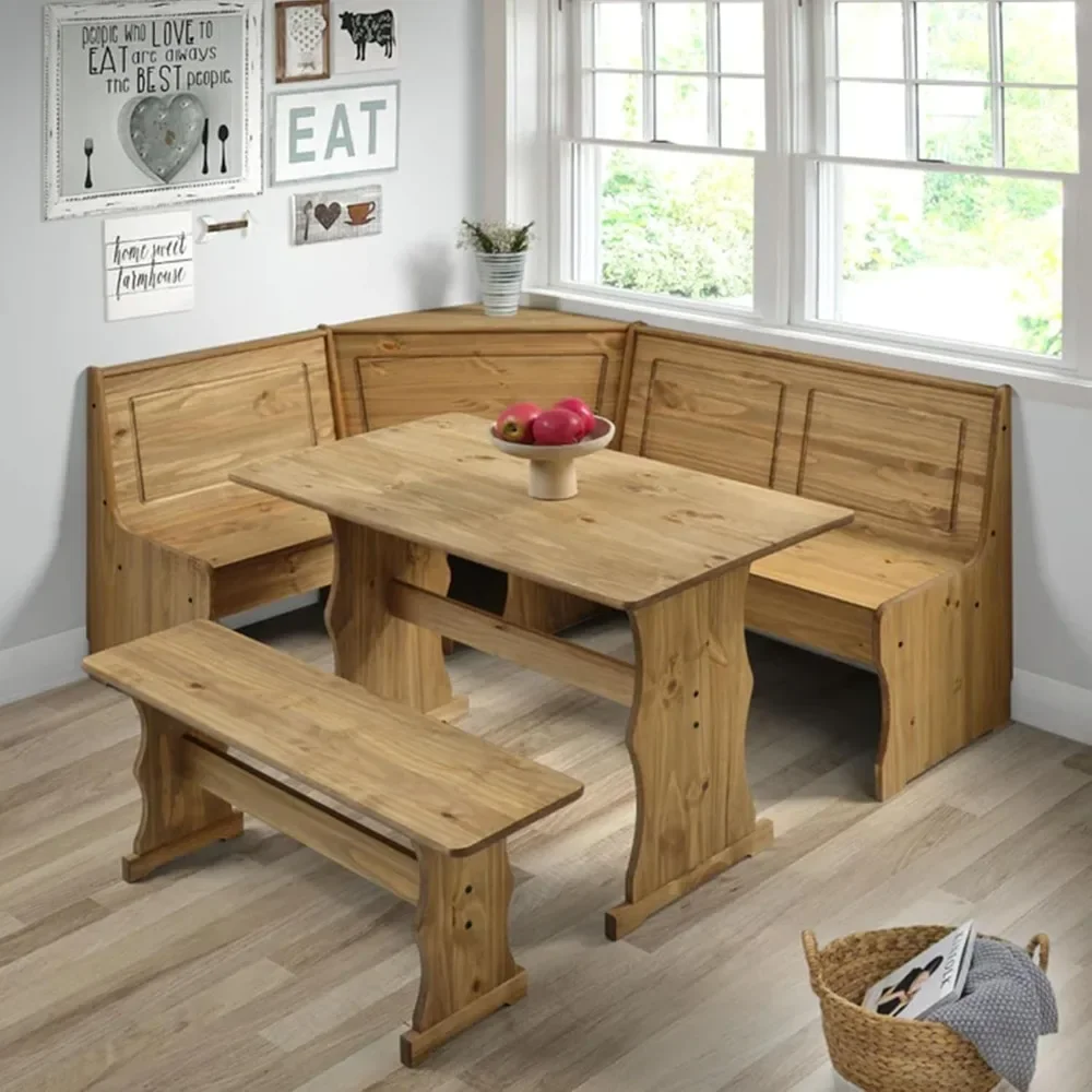 

64.8" W X 19.9" D X 33.4" H Dining Table Set, Farmhouse Solid Wood Table and Bench Sets, Corner Dining Room Set