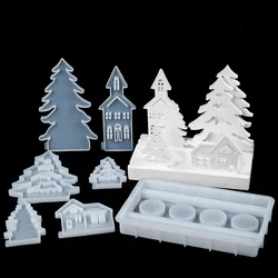 Xmas Ornament Candle Holder Silicone Mold DIY House Christmas Tree Candle Holder Craft Making Plaster Resin Art Molds Home Decor