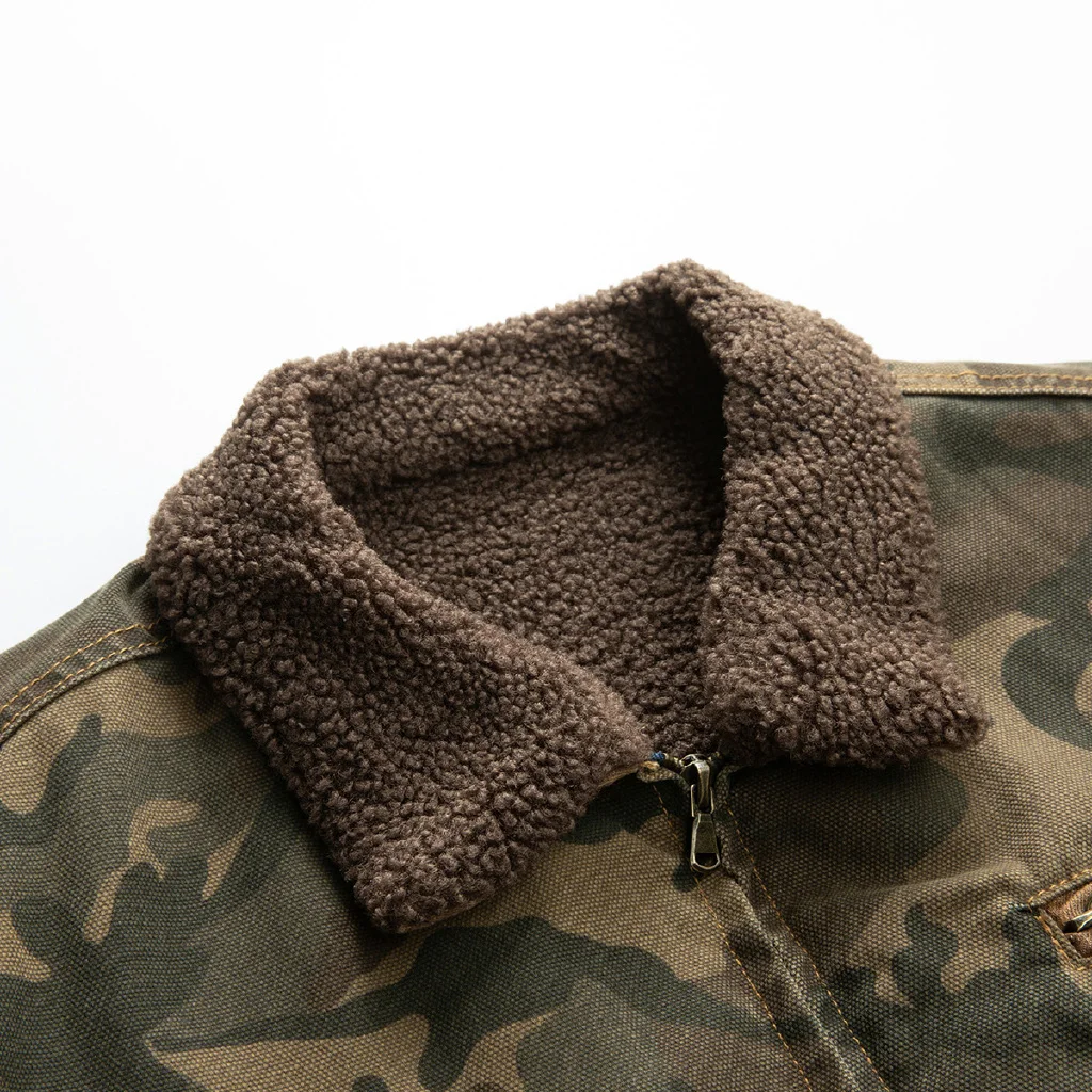 Men's Sherpa Fleece Lined Detroit Jacket Camo Spliced Washed Cotton Canvas Turn Down Collar Thick Warm Winter Outerwear Coats