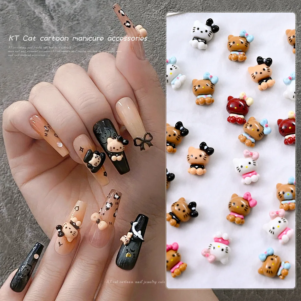 50PCS Cute KT Cat 3D Resin Nail Charms Mixed Bow Cartoon Kitty Ornaments Kawaii Y2K DIY Manicure Nail Art Decor Accessories