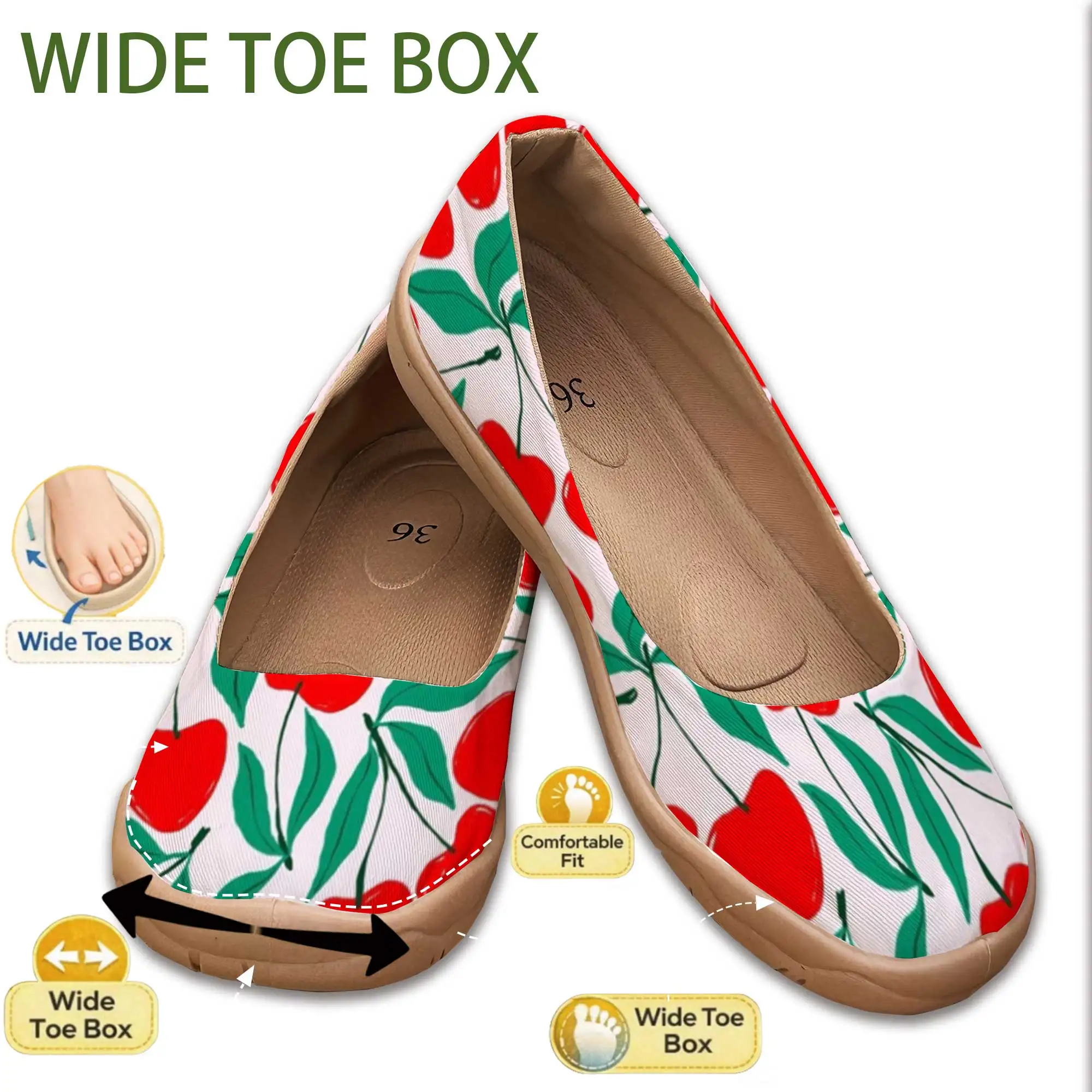Sweet Cherry-Colored Wide-Fit Shallow-Mouthed Slip-On Shoes with Soft Soles, Wide-Toe Shoes for Women with Wide Feet That Don'T Squeeze the Feet