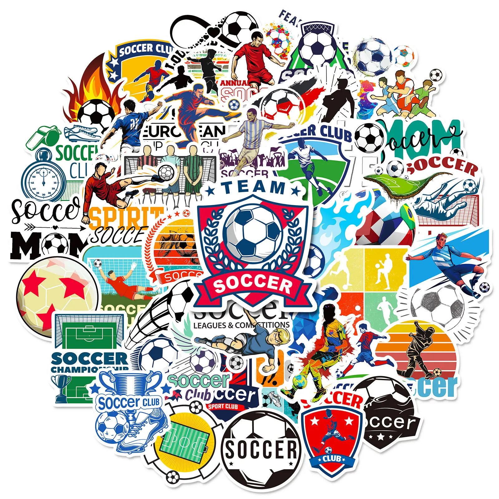 50PCS Vinyl Waterproof Stickers, Sports Football Fans Stickers for Water Bottle Luggage Laptop, Soccer Stickers for Boys Gift