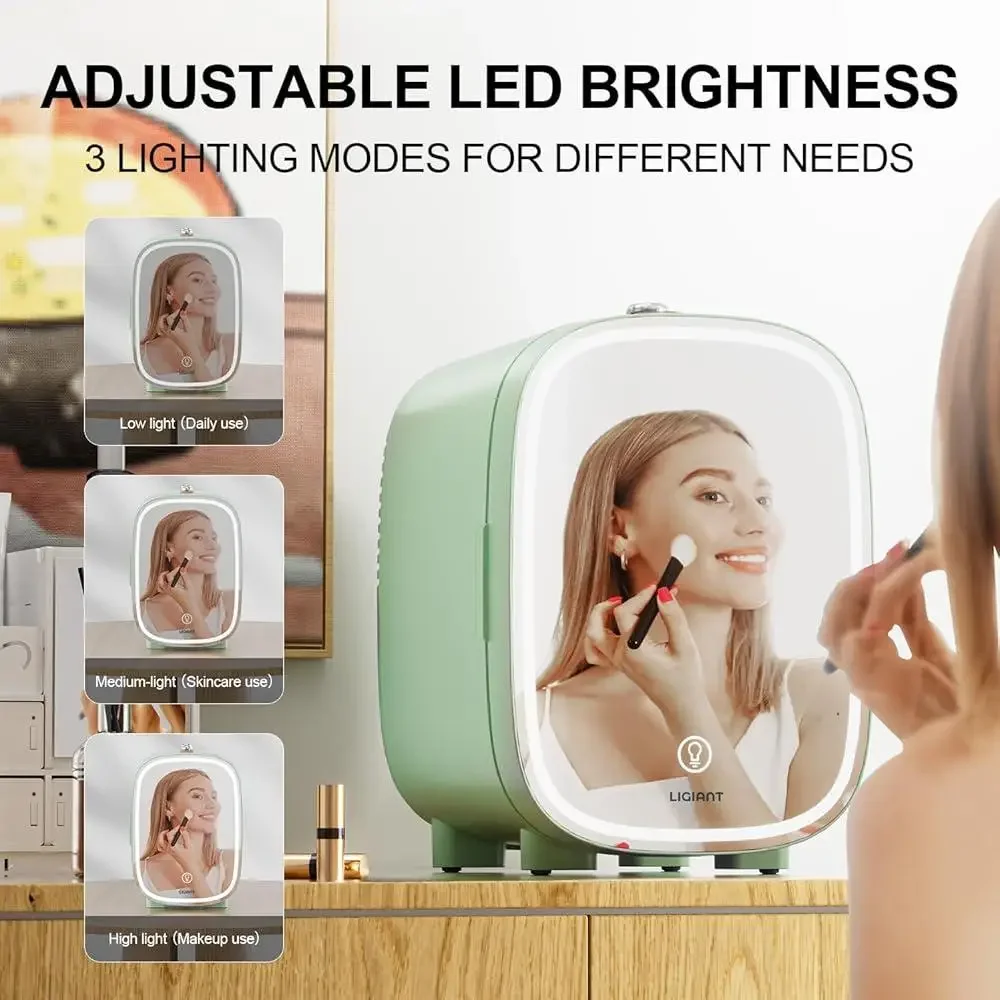 Skincare Mini Fridge LED Light Mirror 4L Low Noise Dual Cooling Heating Portable Design Frost Free Beauty Organizer