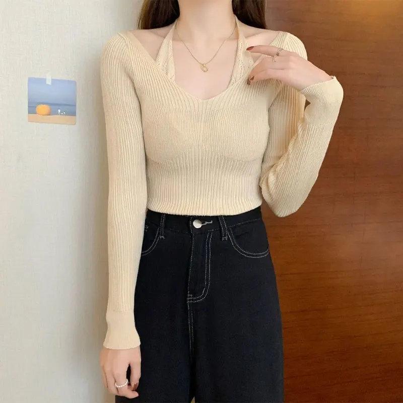 Fake Two Pieces Halter Pullovers Female Clothing Knitted Solid Color Spring Autumn Slim Casual V-Neck Basic Long Sleeve T-shirt