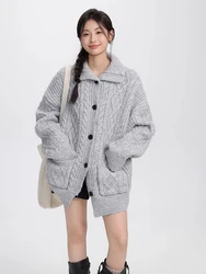 Retro Twist Knitted Cardigan Women Autumn Winter New Lazy Style Loose Sweater Casual Versatile Long Sleeve Knitted Outerwear