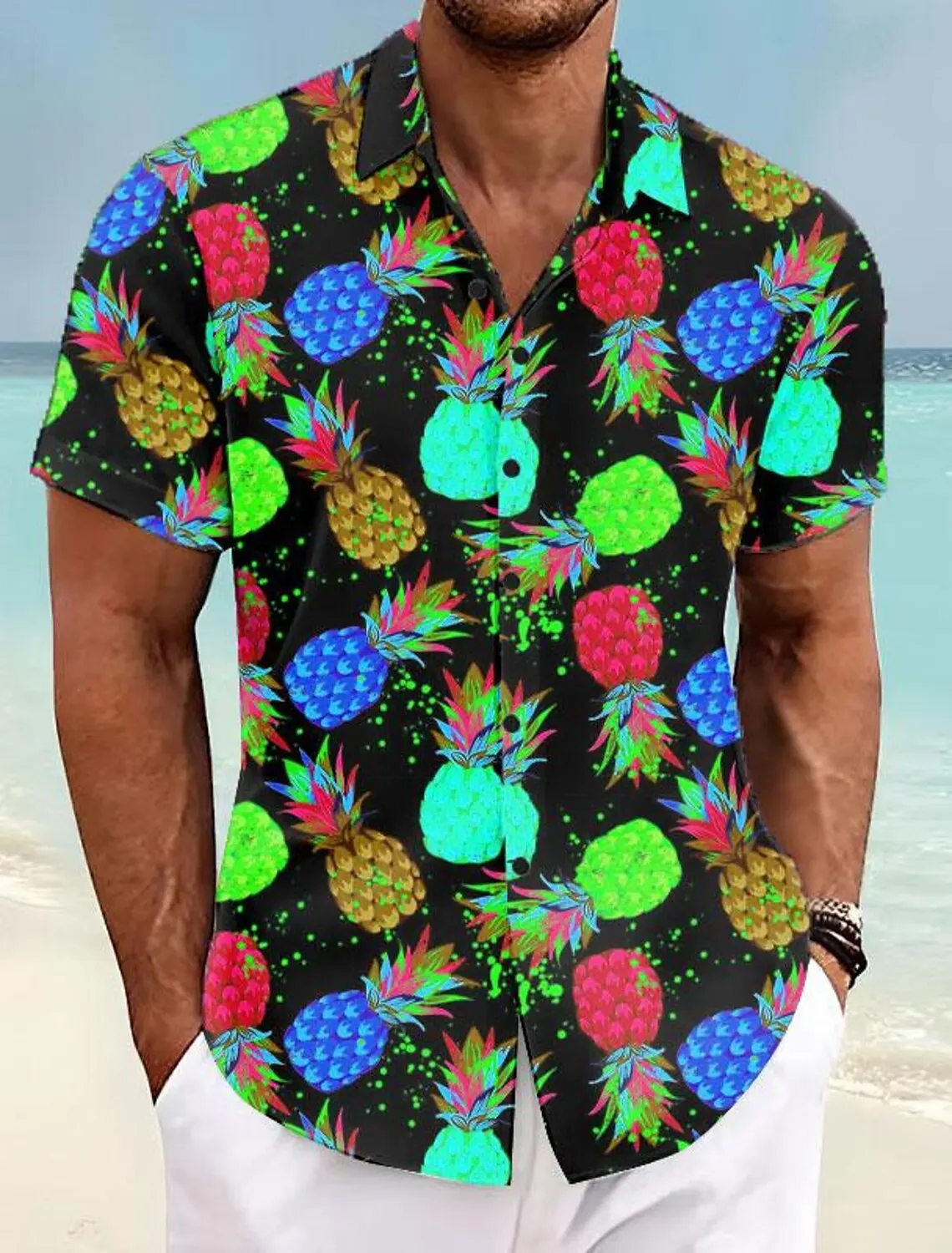 Camisa tropical de abacaxi masculina, manga curta, tecido elástico, férias casuais, verão, primavera, verão, primavera