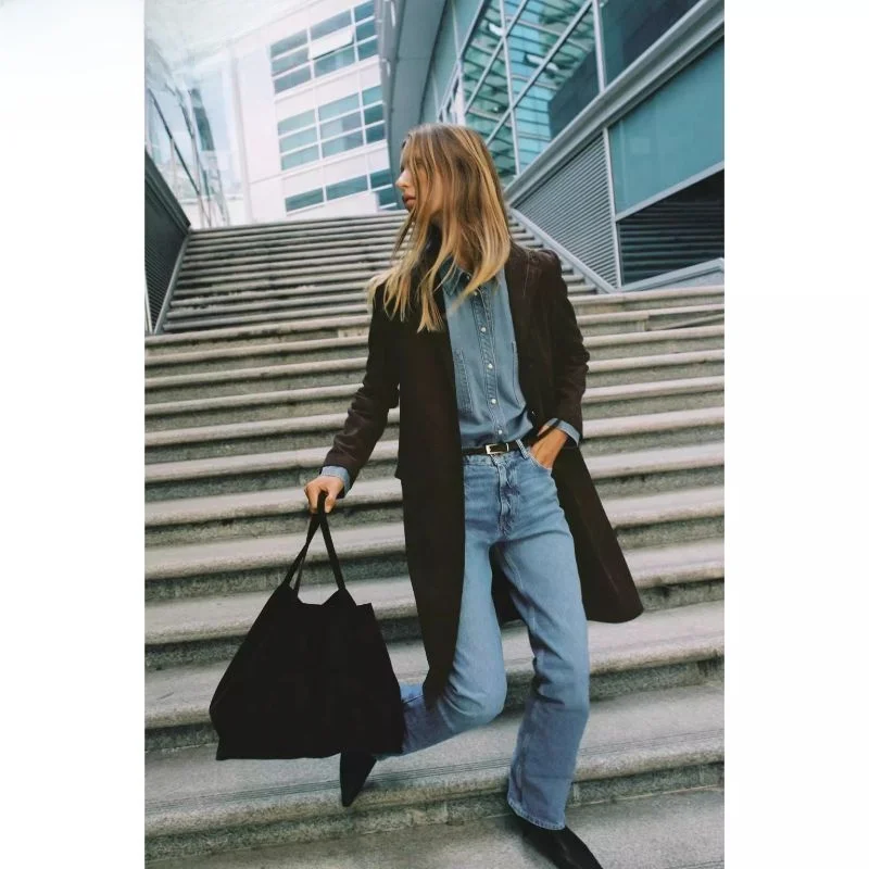 

Faionable Long Loose Faux Leather Effect Coat New Autumn 2025 Korean Sle Commute Straight Tube Sweater Korean Version