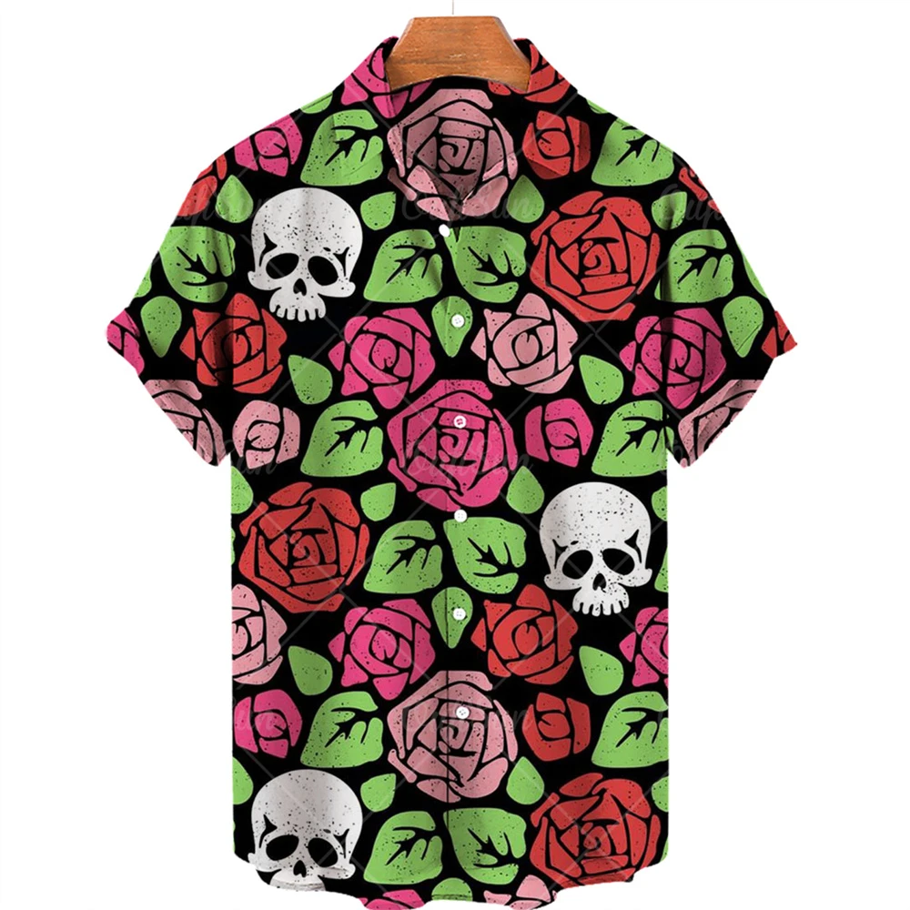 Men\'s Short Sleeve Hawaiian Shirt One Button Shirt 3D Skull Print Casual Breathable Beach Shirt Plus Size 5XL