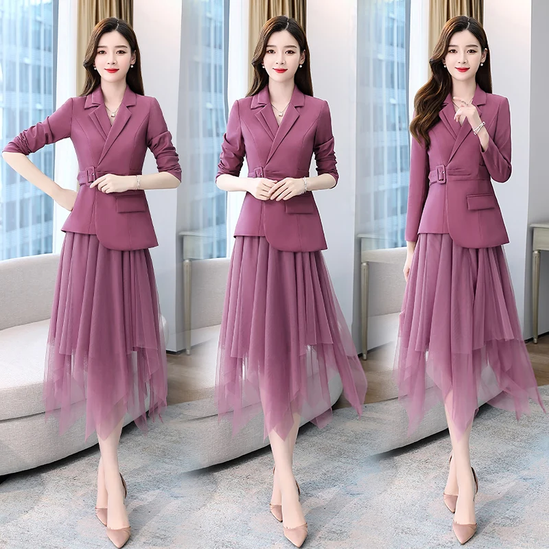 Women\'s Suit Blazer Jacket Asymmetrical Mesh Skirt Two Piece Sets Belt Elegant Women Coat Casual Office Lady Skirt Suits Set