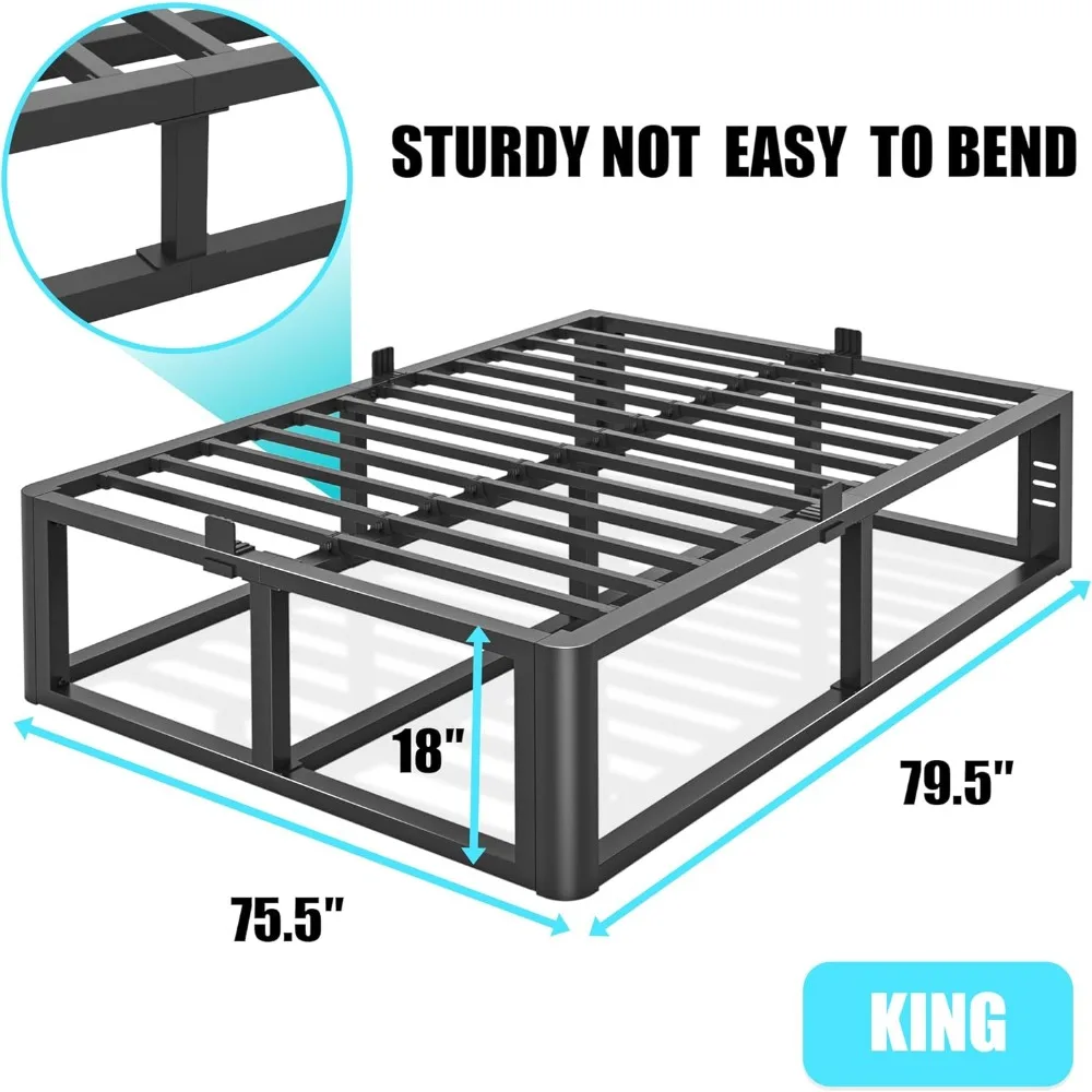 إطار سرير معدني قوي بحجم 18 كينج مع زوايا مستديرة وأقواس اللوح الأمامي، يدعم ما يصل إلى 3500 رطل، صندوق زنبركي لا يتطلب