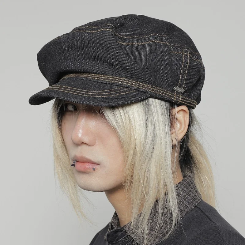 Vintage Unisex Denim Flat-Brimmed Beret Oversized Headband for Face-Framing Effect