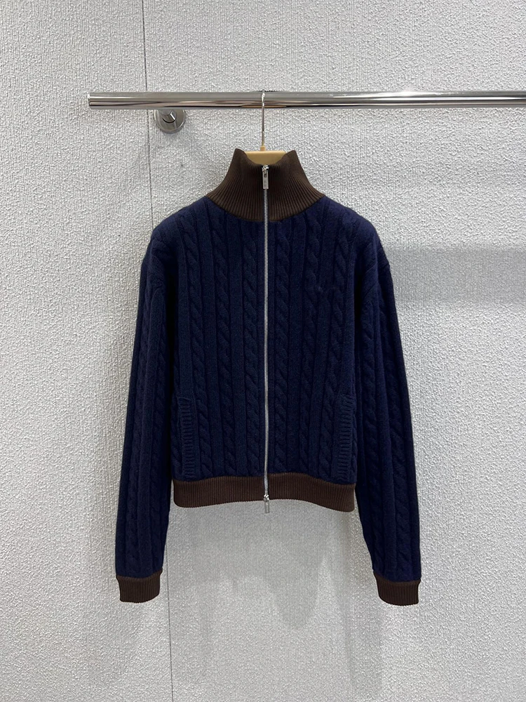 

SVORYIU Spring autumn fashion dark blue casual cardigan sweater Women's stand-upcollar loose retro long-sleeved cardigan sweater