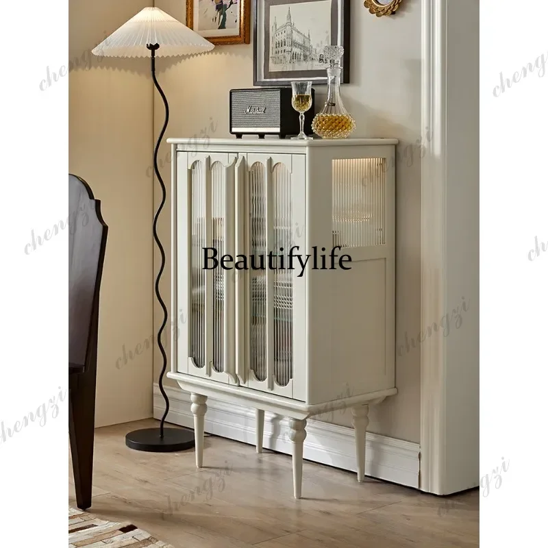 French cream solid wood side cabinet double door dining side cabinet retro living room storage high side cabinet d178