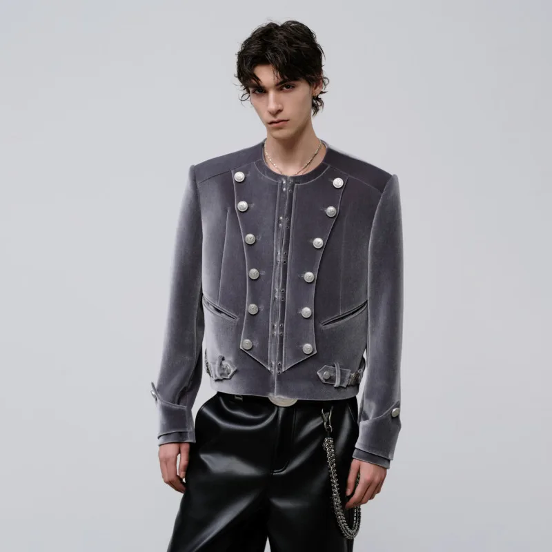 WVGA Autumn New Men Metal Button Embellishments Trendy Short Collarless Jackets Stage Performances Niche Casual Coats Ins W28503