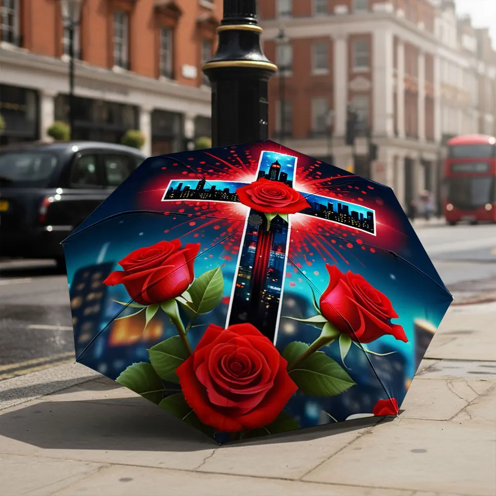 1P C Red Roses and Urban Skyline Umbrella Design Print 8 Iron Ribs Folding Umbrella Auto-Open Fashion Sunshade
