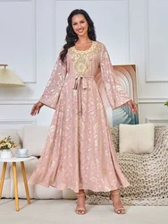 Muslim Party Dress Women Abaya Eid Ramadan Beading Vestidos Largos Dubai Robe Jalabiya Long Dress Belt Morocco Kaftan 2024