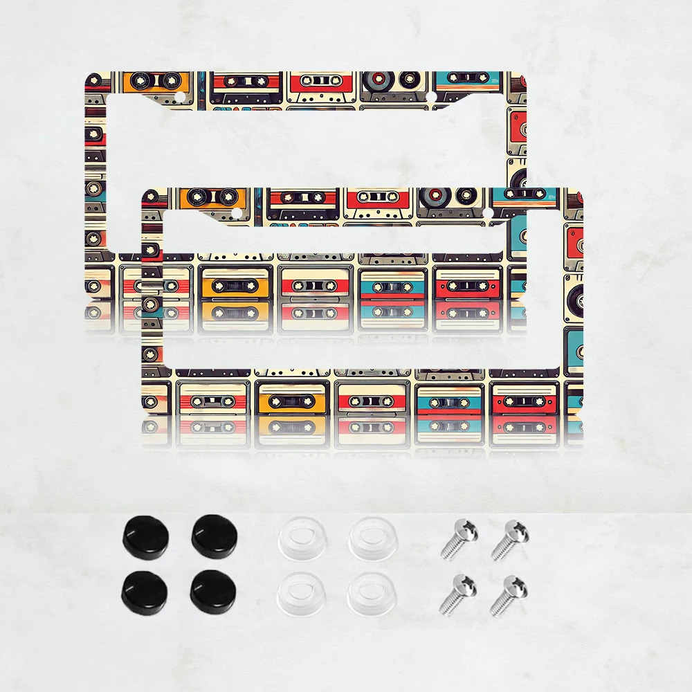 

2PC Cassette Music Tape License Plate Frame Vintage Aluminum License Plate Frame - 6 x 12 Inch US Standard Size, Decorative Car