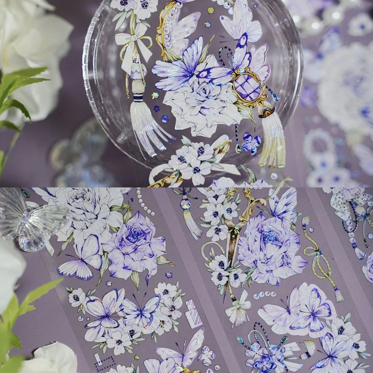 5M/10M Soft Color Purple Flower Japanese Transparent Masking PET Tape Card Making Decorative Sticker