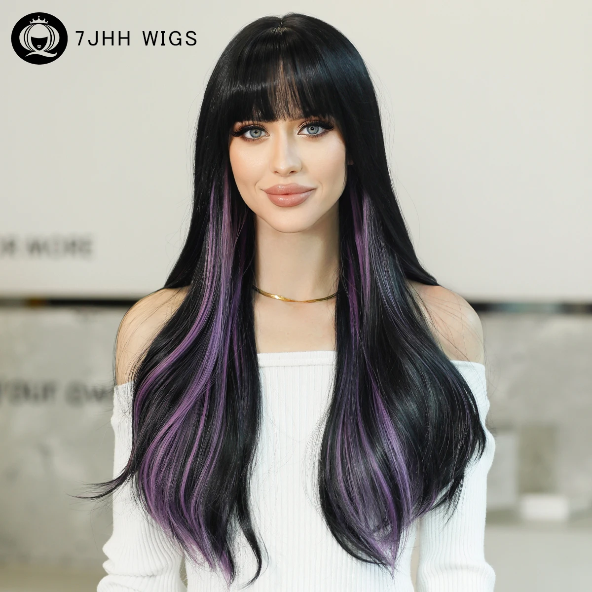 

NAMM Highlight Lavender Wavy Black Wig for Women Daily Cosplay Synthetic Curly Wigs with Fluffy Bangs Heat Resistant Lolita Wig