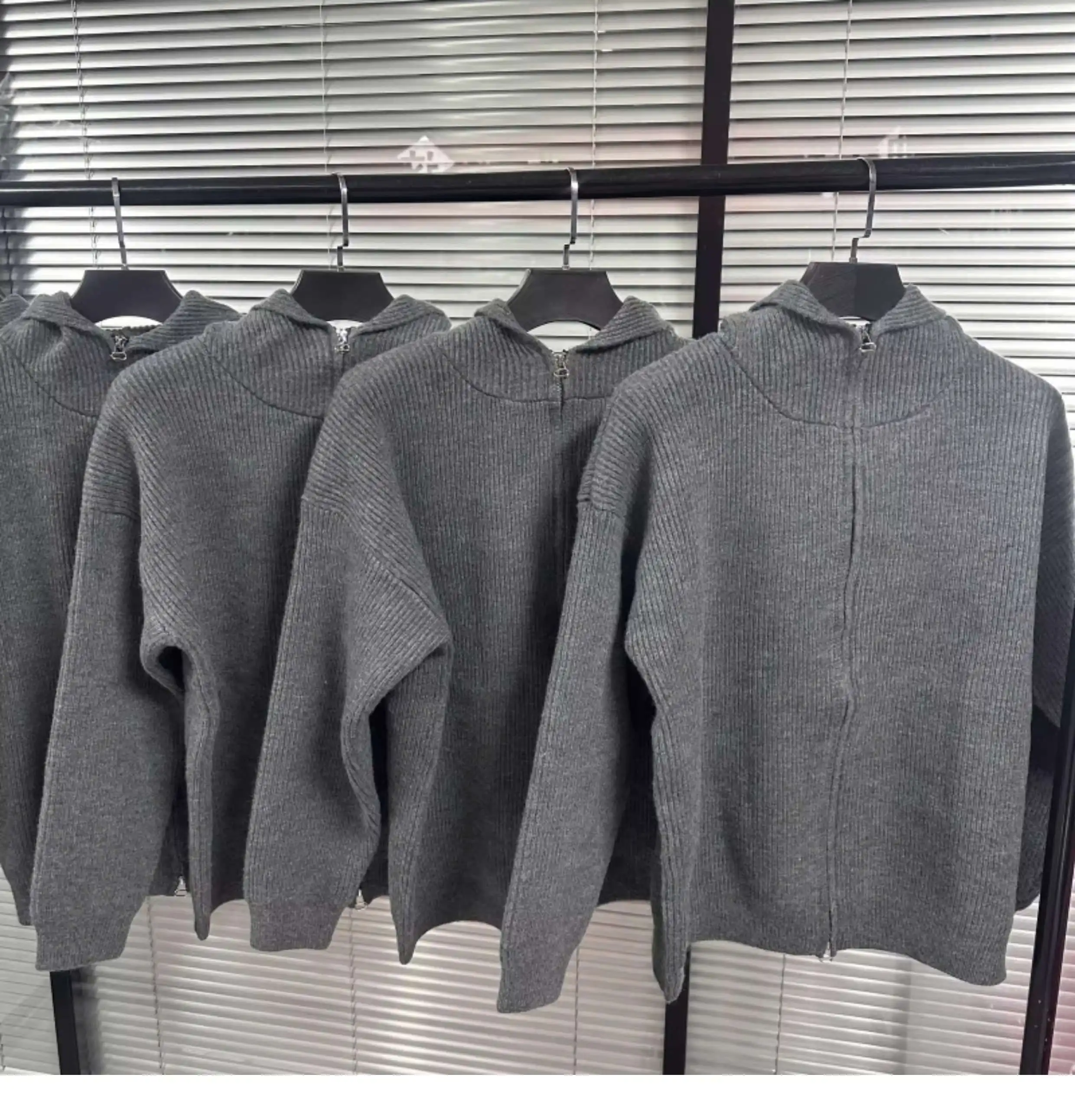 Retro Grey Zipper High Neck Hooded Cardigan Lazy Style Casual European and American Knitted Sweater