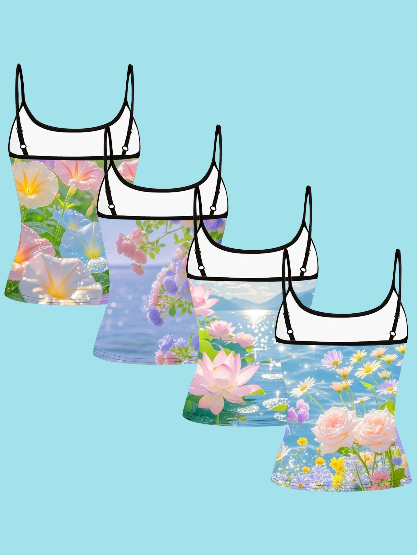 4-Piece Set of Women's Beach Tops with Morning Glory and Lotus Print, Spaghetti Strap Camisole, Slim-Fit Inner Layering Tops