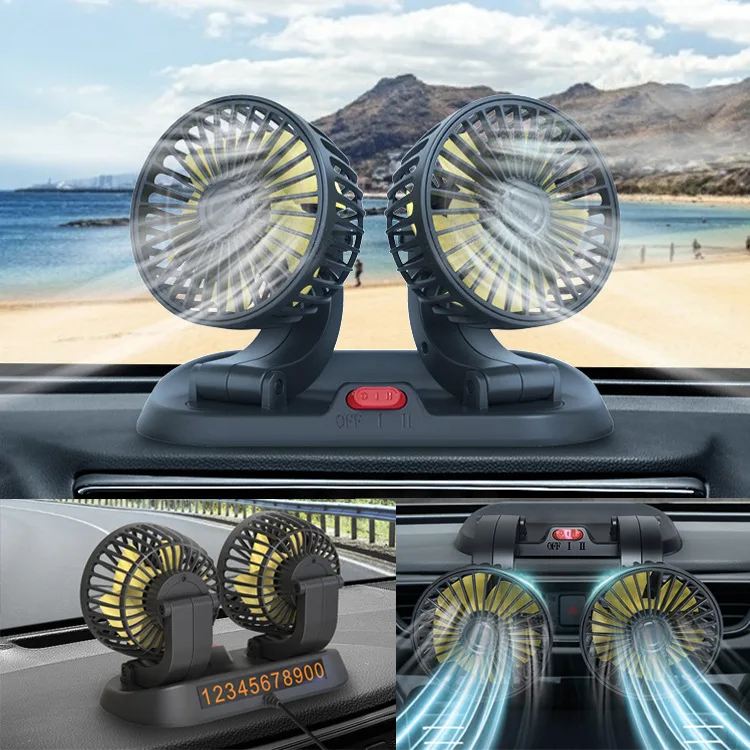 Adjustable Car Cool Fan Dual Head Design 360° Rotating Portable Car Fan 12V/24V Cigarette Lighter-powered 5V USB Powered