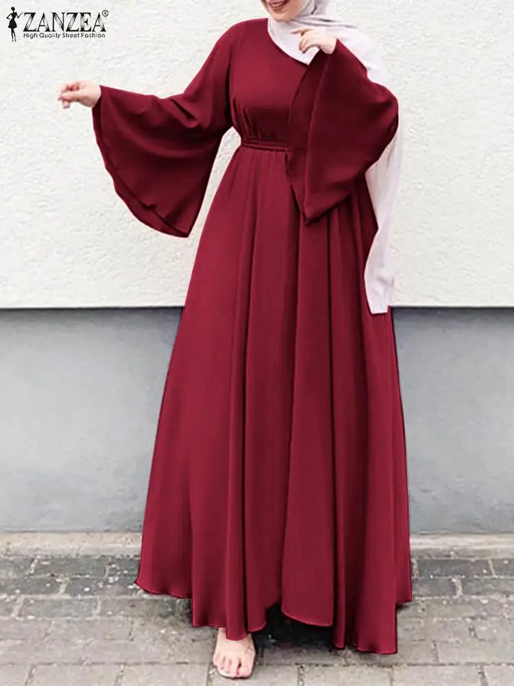 ZANZEA Fashion Long Flare Sleeve Muslim Dress Women Elegant Maxi Long Sundress Kaftan Abaya Ramadan Vestidos Solid Robe Femme