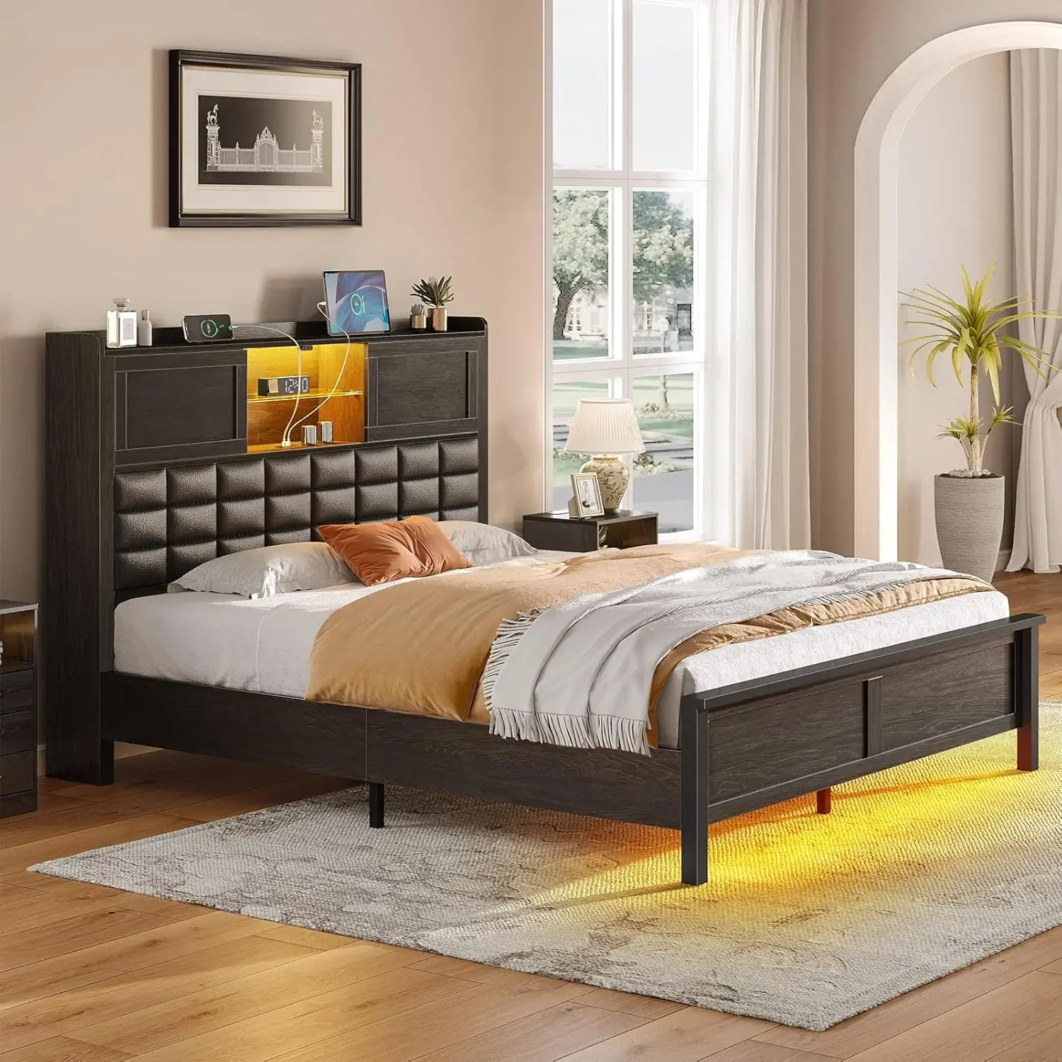 

Bookcase Headboard Bed with LED Light and Sliding Doors, Platform Bed with Wooden Slats, No Box Spring Needed