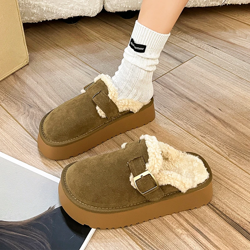 

Women Flats Platform Mules Slingback Slippers Boots Suede Short Plush Belt Buckle Designer Winter New Trend Fur Women Shoes