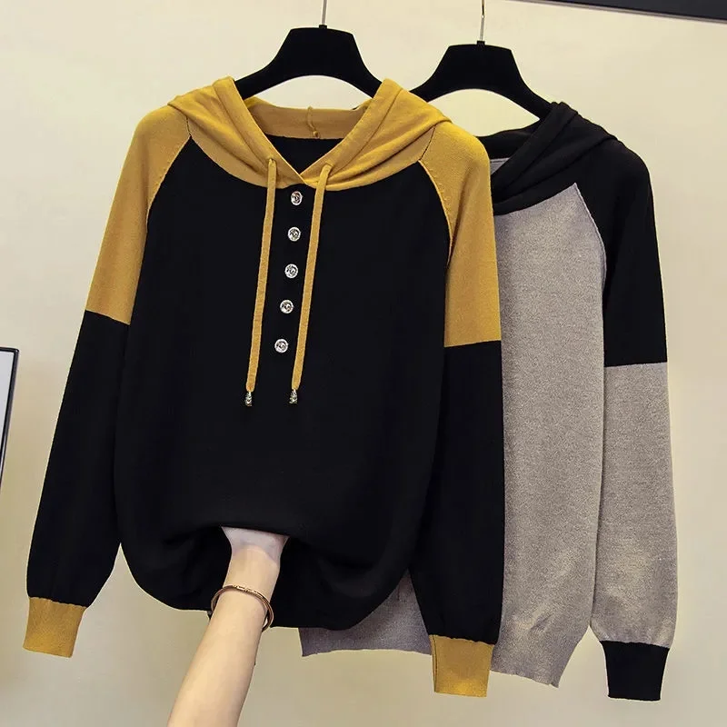 

Hooded Sweateshirt New Jacket Female 2024Spring Autumn T-Shirt Large Size Coat Women's Contrast Color Joker Bottoming Shirt Tide