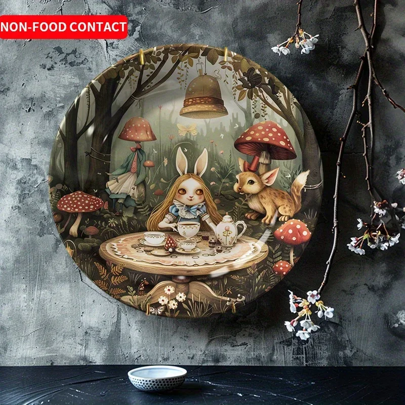1pc Enchanting Ceramic Wall Art Plate with Rabbit & Mushroom Forest Scene - Non-Food Contact, Whimsical Home Decor for Dining