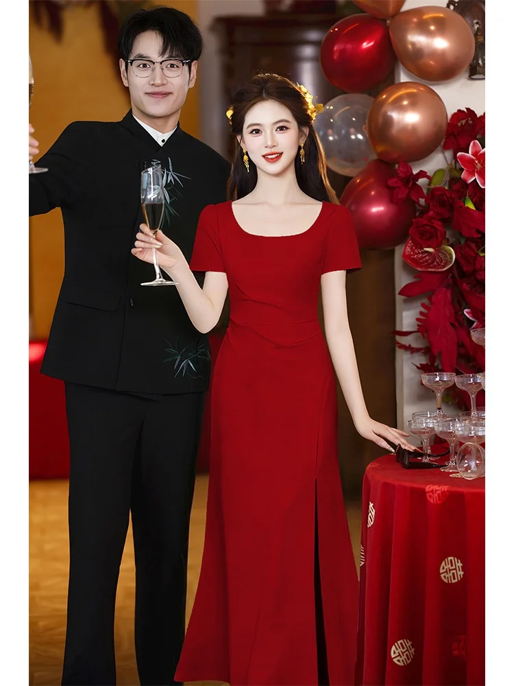 

Elegant Red Wedding Dress Square Collar Slim Fit Fish Tail Skirt Evening Gown Bridal Return Home Ceremony Wedding Reception D...