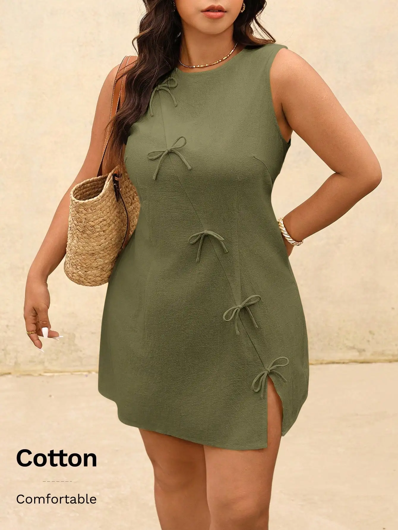 

Olive Green Sleeveless Tie-Up Dress with Side Slit, Cotton, Plus Size