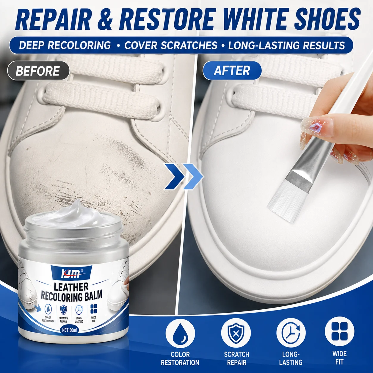 KJM White Shoe Repair Cream 50ml Leather Recoloring Balm Sneaker Whitener Scratch Scuff Cover Color Restorer Shoe Polish