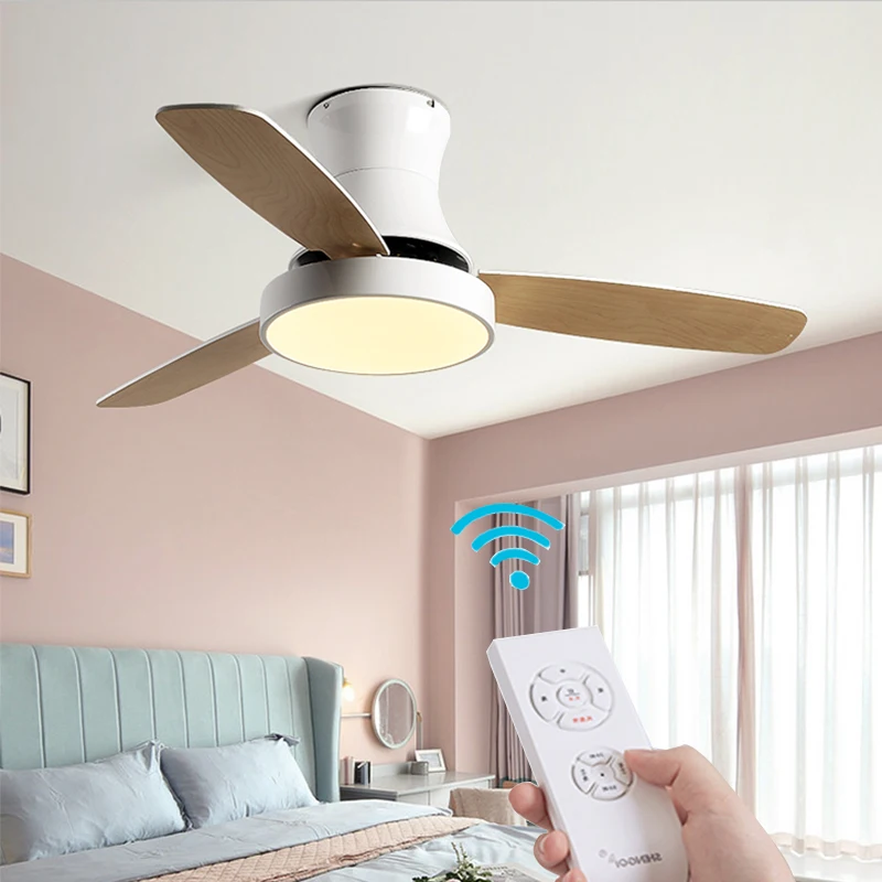 Modern Suspended Ceiling Fan Lamp with Led Light And Remote Control Dining Living Room Bedroom Kitchen Wood Silent Fans