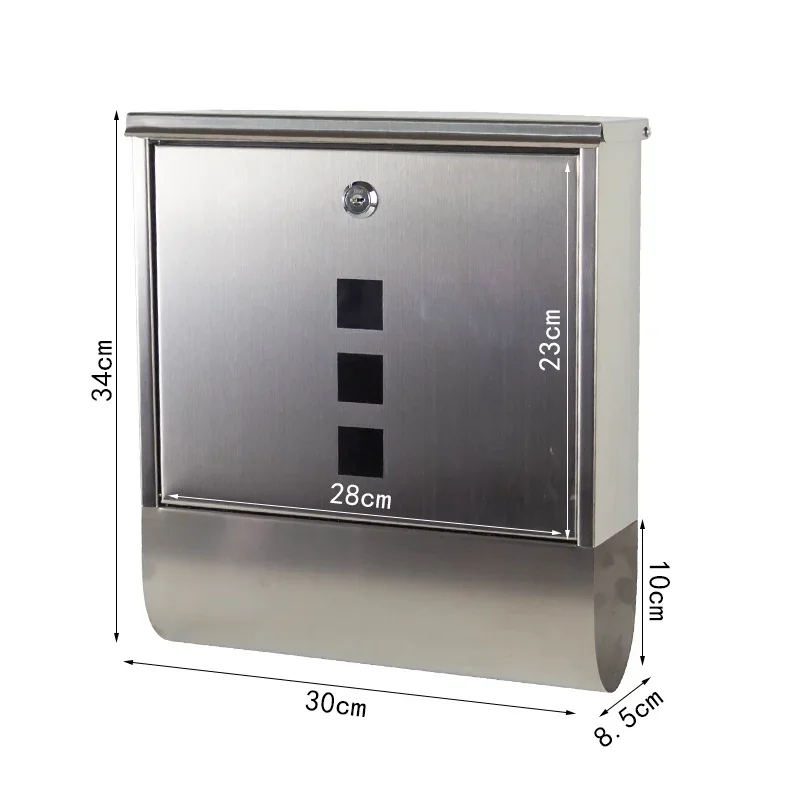 Stainless Steel Mailbox Outdoor Rainproof with Key Lock Letter Storage Box Creative Wall-mounted Mailbox Newspaper