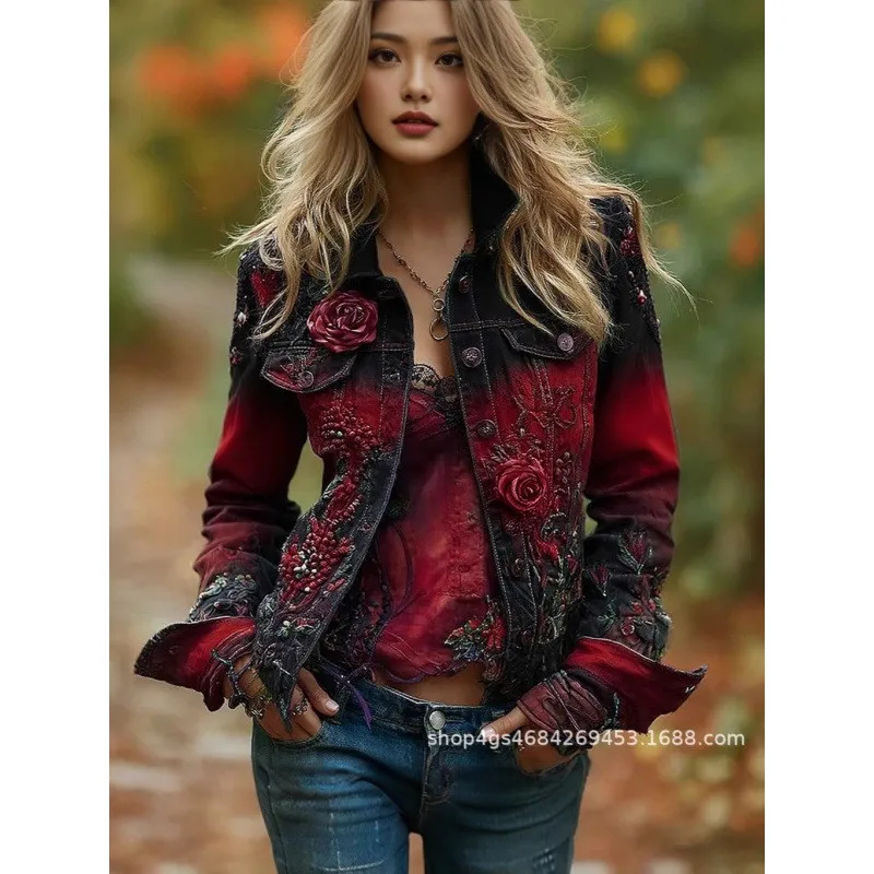 Printed Slim Fit Coat Cropped Length Vintage Style with Off Shoulder Long Sleeve Single Breasted Multiple Buttons Women Jacket