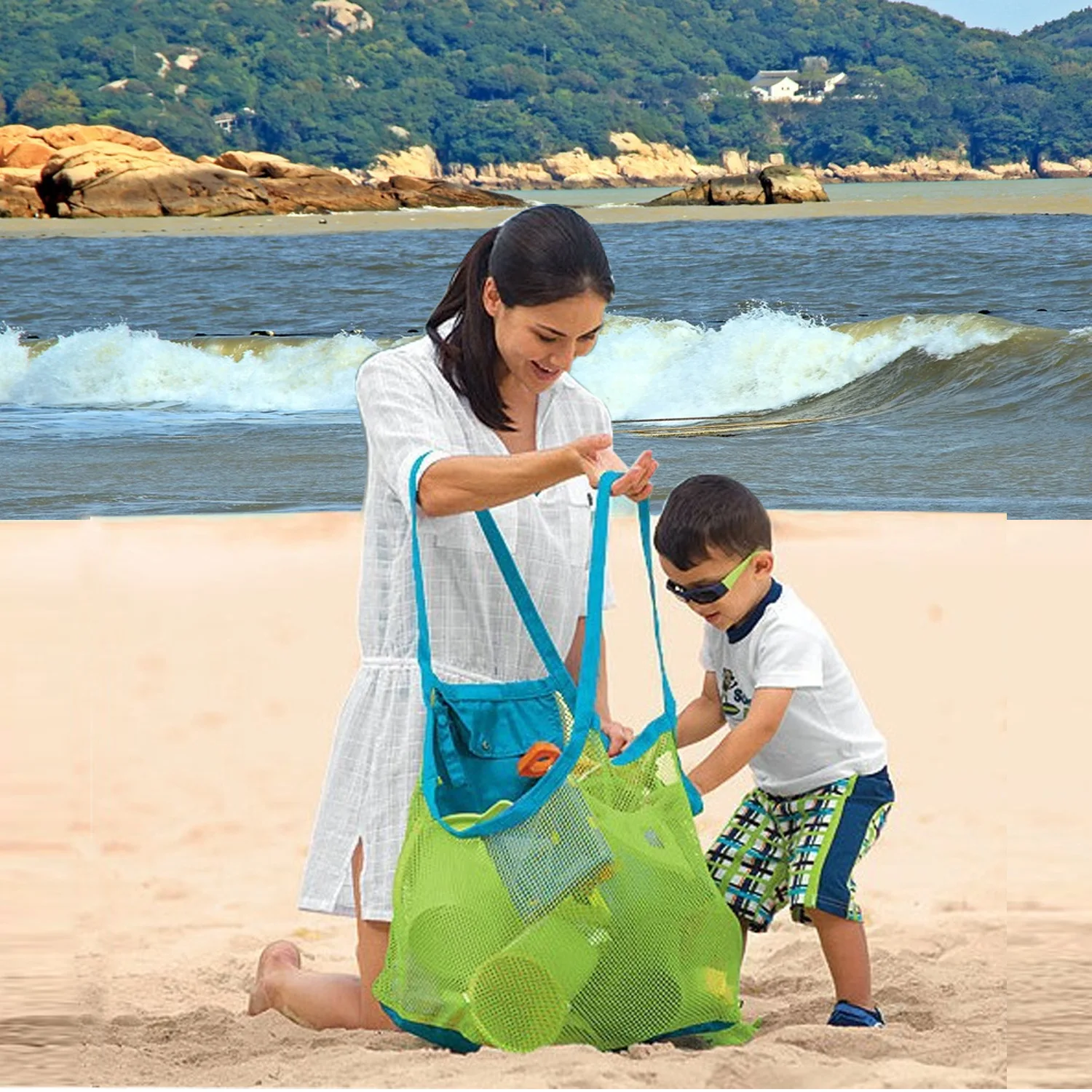 Bolsa de red de gran tamaño para juguetes de arena, playa para niños, colección de conchas, malla de playa, suministros para piscina de arena, envío directo