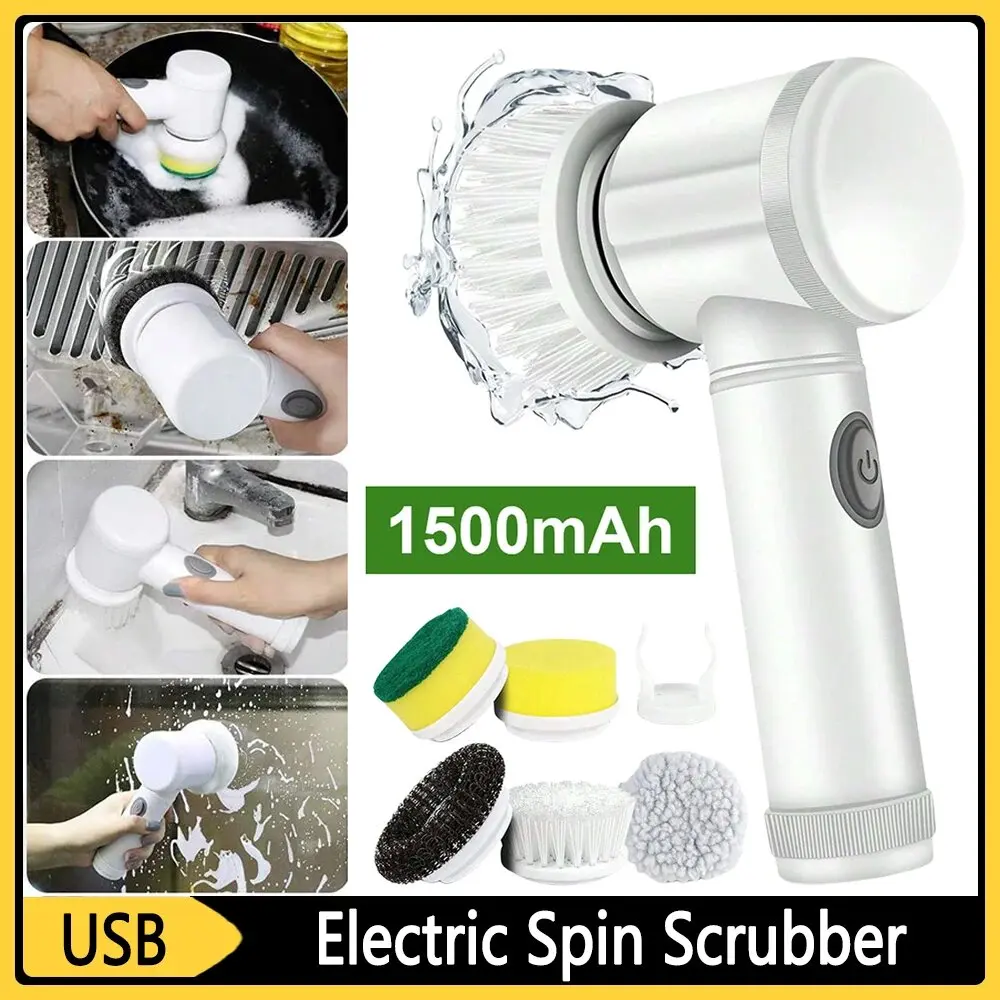 Electric Spin Scrubber With 5 Replaceable Brush Head Power Electric Cleaning Brush Handheld Rechargeable Shower Scrubber