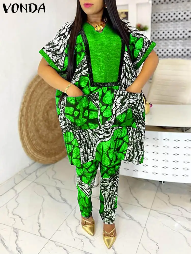 Plus Size 5XL VONDA Women Bohemian Printed Pant Sets Summer 2pcs Short Sleeve Tops Long Pants Vintage Pockets Casual Loose Suit