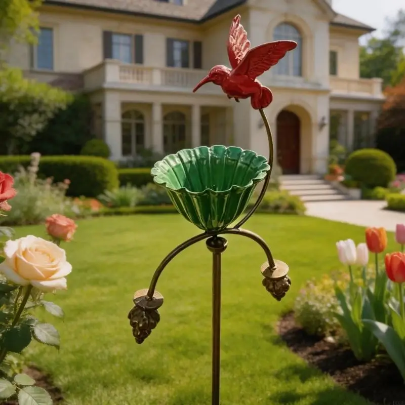 Eleganter Kolibri-Futterspender aus Schmiedeeisen mit blütenförmigem Vogelbad zur Gartendekoration und zum Anlocken B03E – Detail 4