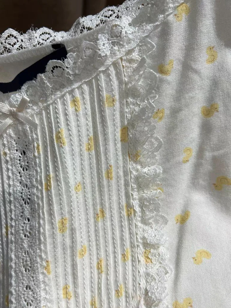 Little Yellow Ducks Lace-up Dress Women Summer Bow Lace Trim Sleeveless Slim A-line Vestidos Cute Sweet Cotton Camis Dresses New