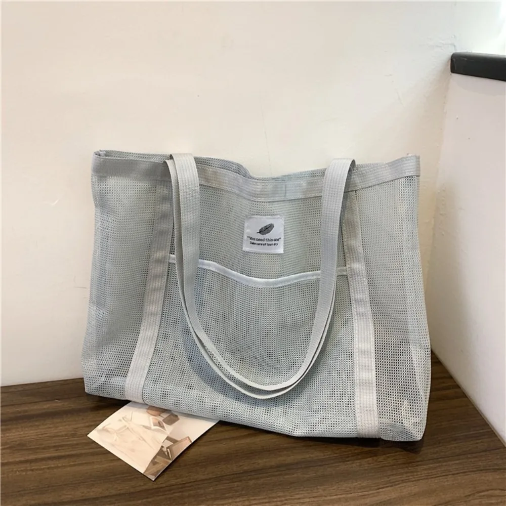Portable Transparent Mesh Shoulder Bag Mesh Net Casual Travel Beach Bag Shopping Quick Dry Tote Handbag for Women