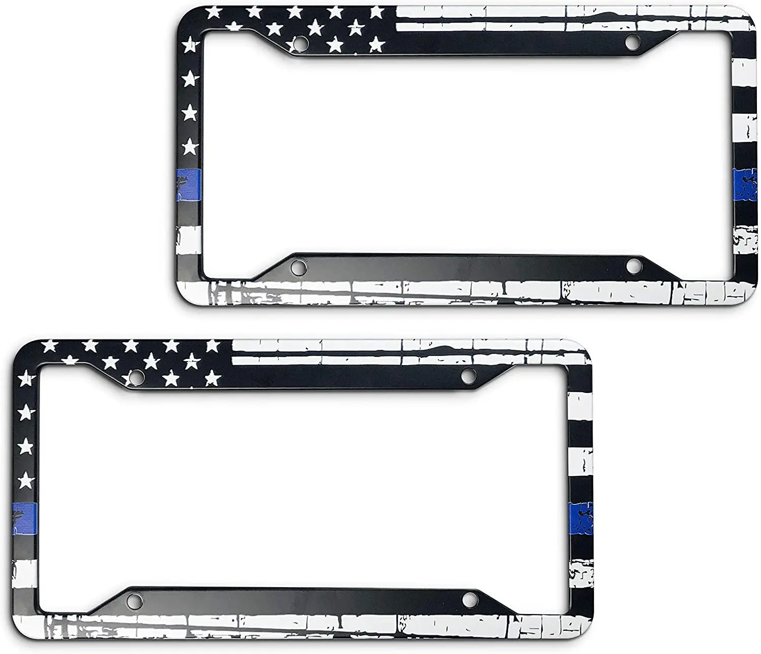 Thin Blue Line American Flag License Plate Frame Heavy Duty Aluminum Black on White Composite Tie Flag Novelty Auto Car Tag Gift