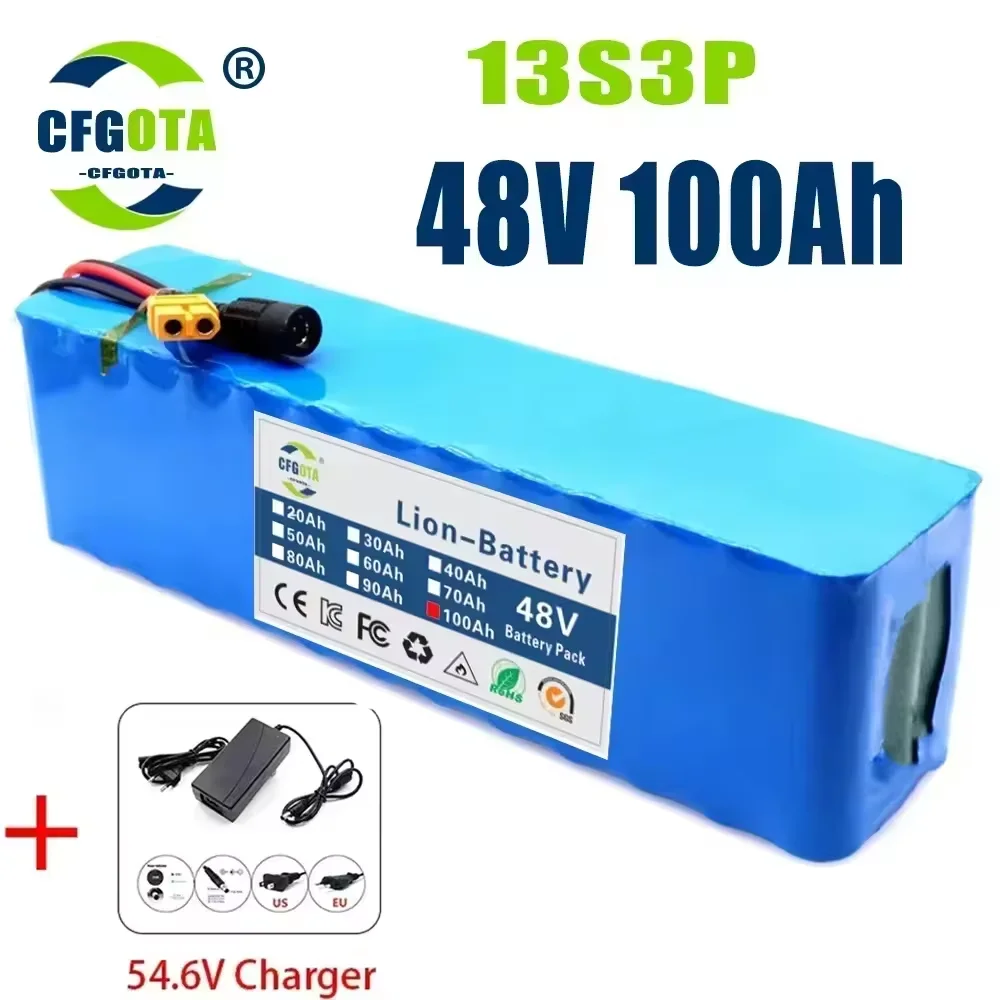 New 48V 100Ah 500W 750W 1000W 2000W 13S3P XT60-DC 48V Lithium-ion Battery Pack, Lithium Iron Phosphate Battery and 54.6V Charger