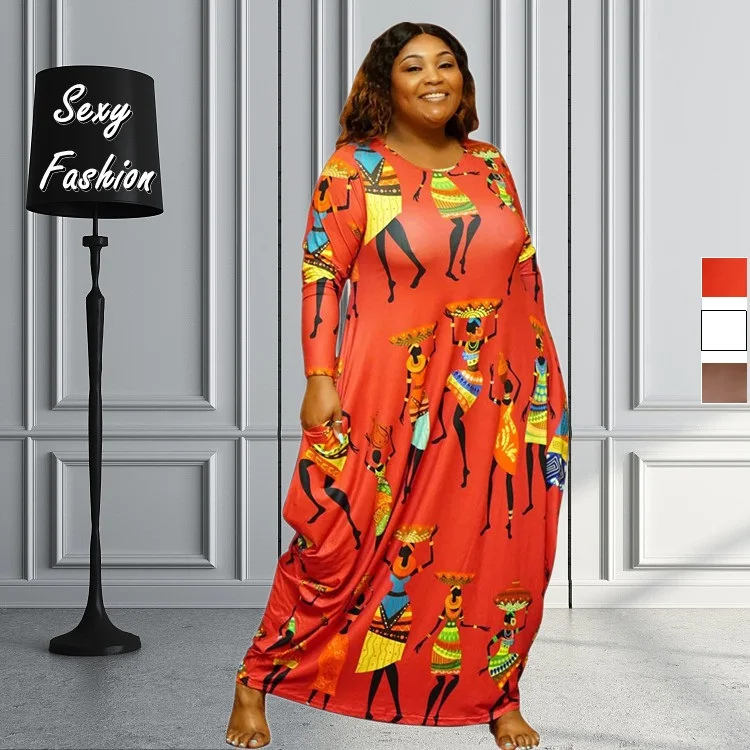 

L-4XL Plus Size Dresses for Women Clothing Outfits 2022 Fall Print Long Sleeve Loose African Maxi Dress Wholesale Dropshipping