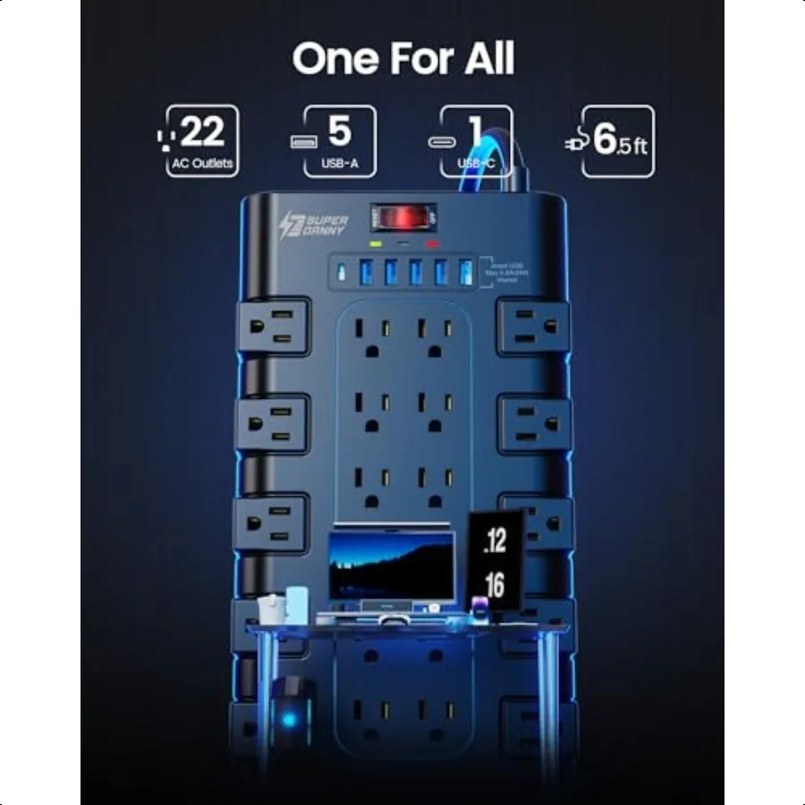 قطاع الطاقة ERDANNY Surge Protector مع 22 منفذ تيار متردد و6 منافذ شحن USB 1875 وات 15 أمبير 2100 جول 6.5 قدم قابس مسطح ثقيل